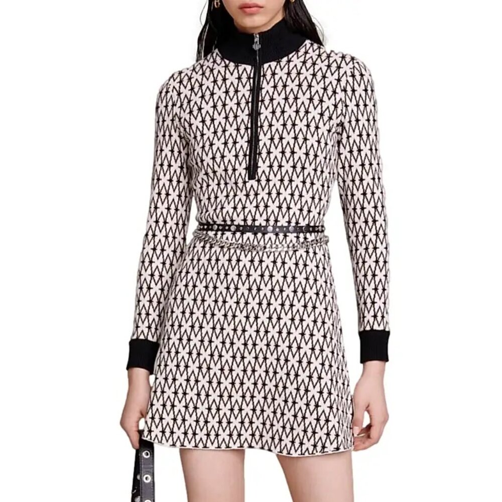 Maje Longsleeve Monogram Jacquard Mini Dress Size